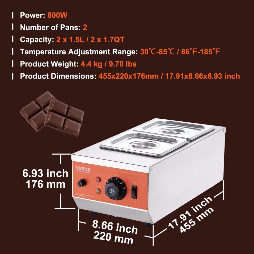 Kommertslik elektriline toiduaine sulatusmasin Vevor, 800 W, 2 x 1,5 l hind ja info | Potid ja kiirkeedupotid | kaup24.ee