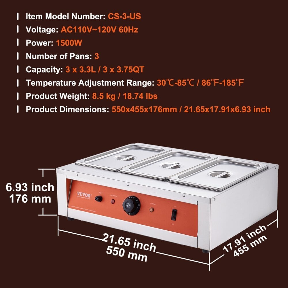 Kommertslik elektriline toiduaine sulatusmasin Vevor, 1500 W, 3 x 3,3 l hind ja info | Potid ja kiirkeedupotid | kaup24.ee