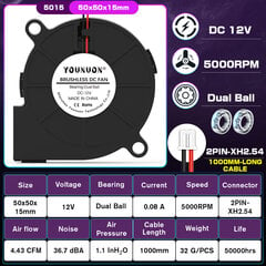 2tk 5015 50mm DC 24V 12V 5V 2kontaktiline harjadeta jahutusturbiini ventilaator 50mm x 15mm puhuri jahuti ventilaator hind ja info | Lisaseadmed | kaup24.ee