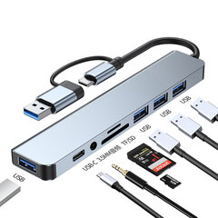 Разветвитель-концентратор 8 в 1 USB-C/A на USB 3.0/USB 2.0/SD/TF/USB-C/аудио, Avernus цена и информация | Адаптеры и USB-hub | kaup24.ee