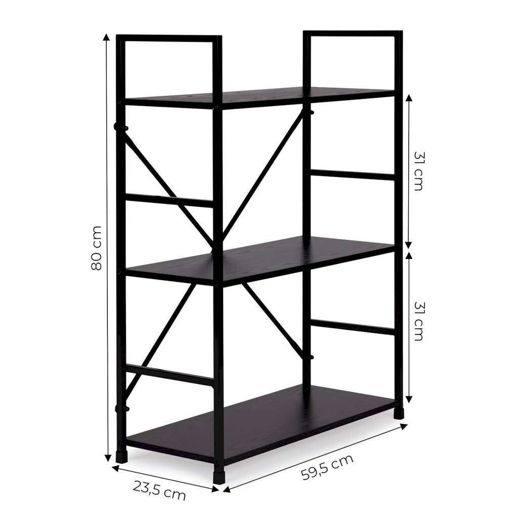 Puidust raamaturiiul metallraamiga ja 3 riiuliga, Modern Home, 80 cm. x 23,5 cm. x 59,5 cm., must цена и информация | Riiulid | kaup24.ee