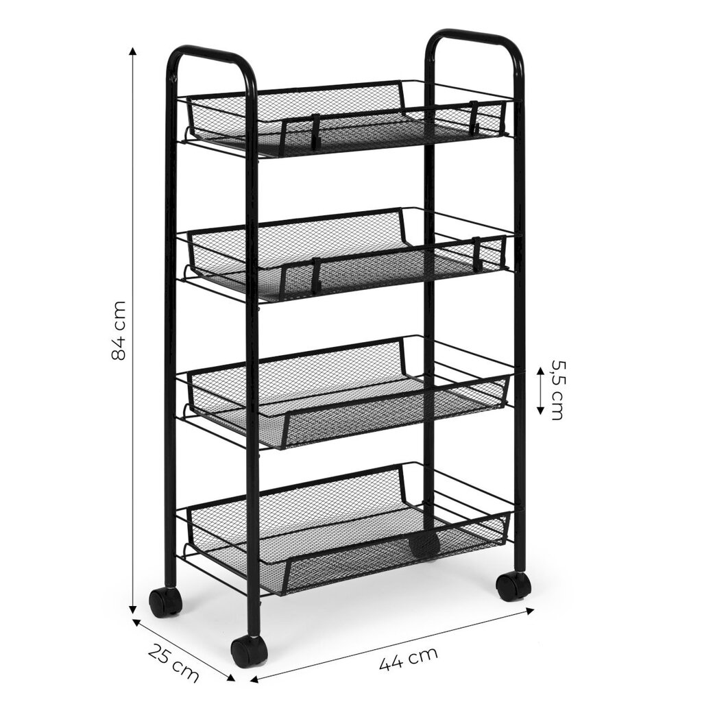 Metallist mobiilne vannitoa raamaturiiul 4 riiuliga ja ratastega, Modern Home, 84 cm. x 25 cm. x 44 cm., must цена и информация | Riiulid | kaup24.ee