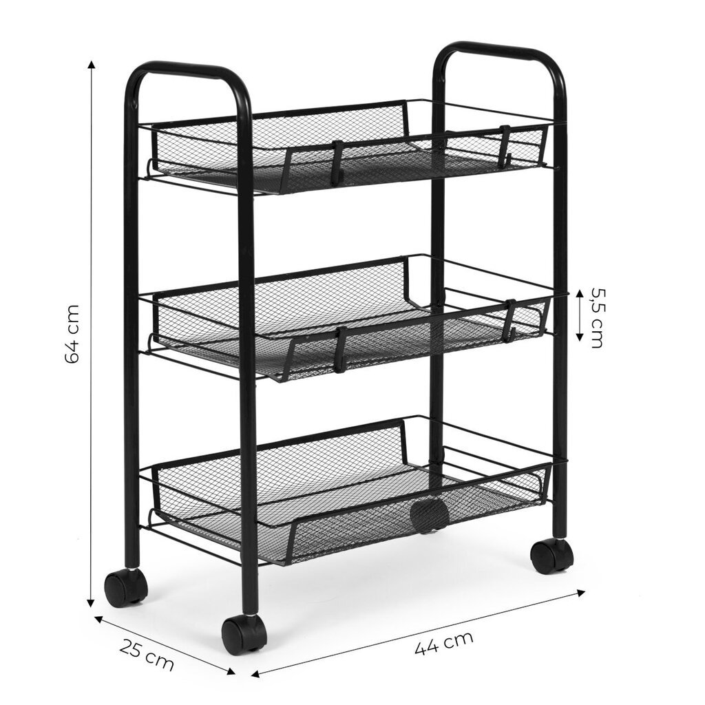 Metallist mobiilne vannitoa raamaturiiul 3 riiuliga ja ratastega, Modern Home, 64 cm. x 25 cm. x 44 cm., must цена и информация | Riiulid | kaup24.ee