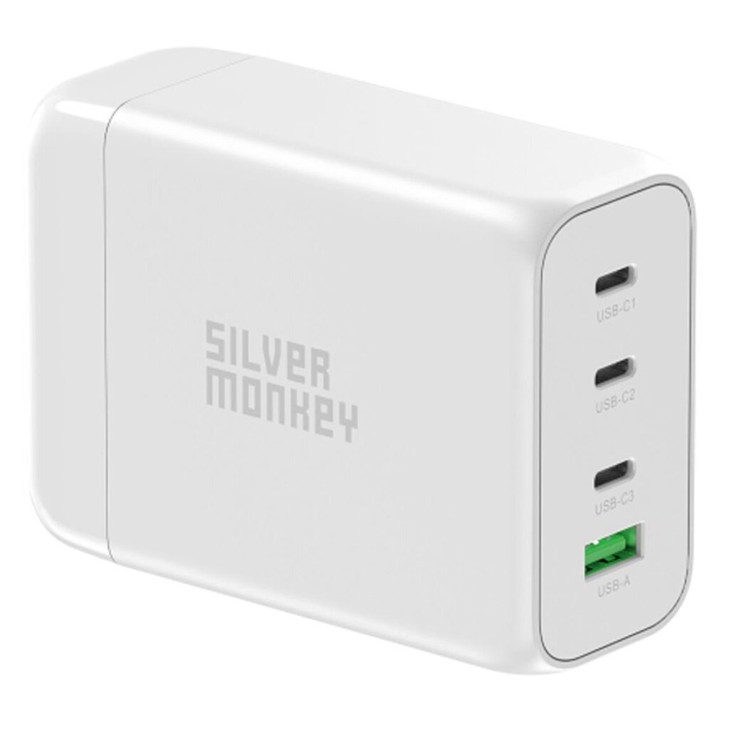 Võrgulaadija koos toitekaabliga, Silver Monkey SMA1521, GaN 130 W., 3 x USB-C, PD, USB-A, QC 3.0, valge hind ja info | Akupangad | kaup24.ee