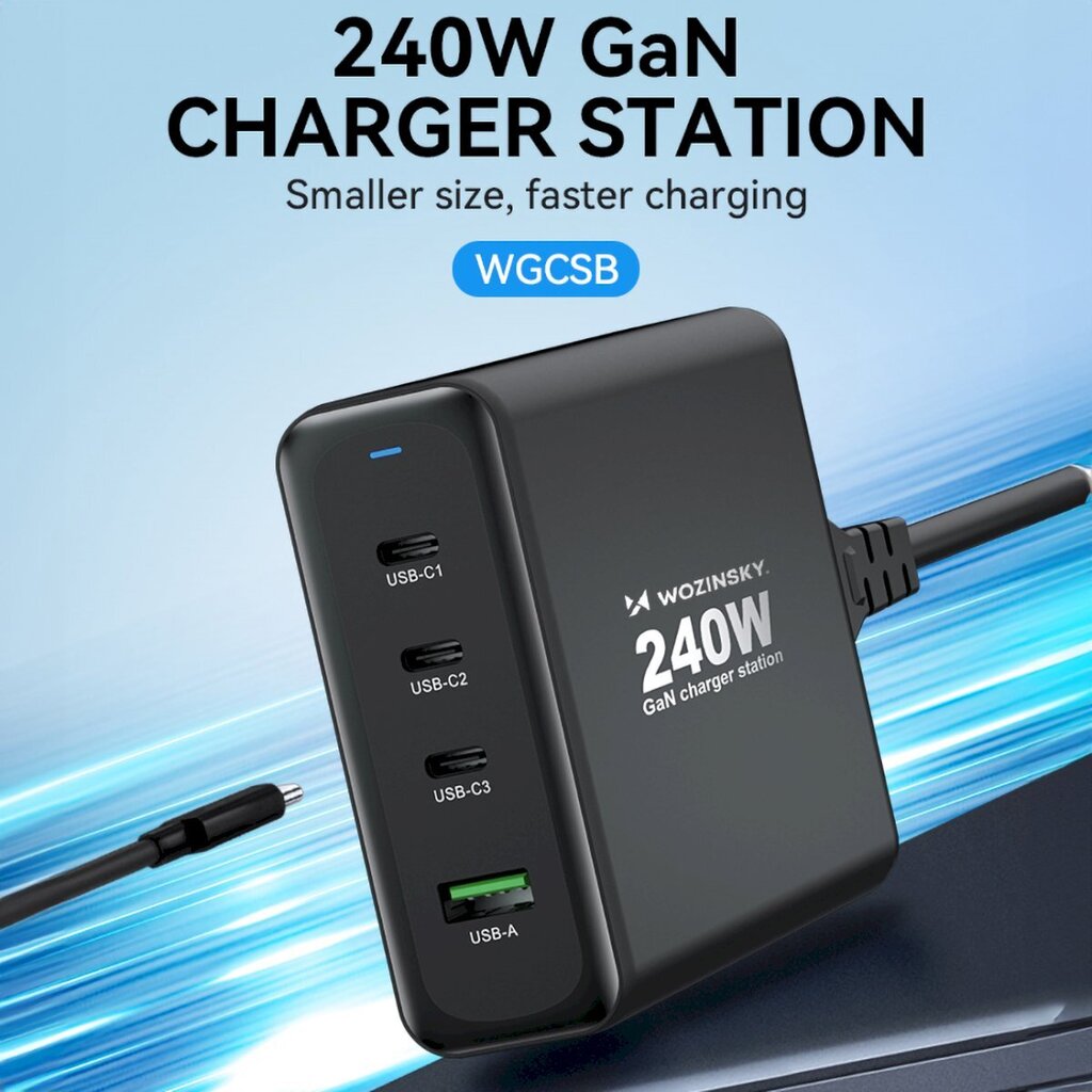 Võrgulaadija, Wozinsky WGCSB1, GaN, 240 W., USB-A, 3x USB-C, must hind ja info | Akupangad | kaup24.ee