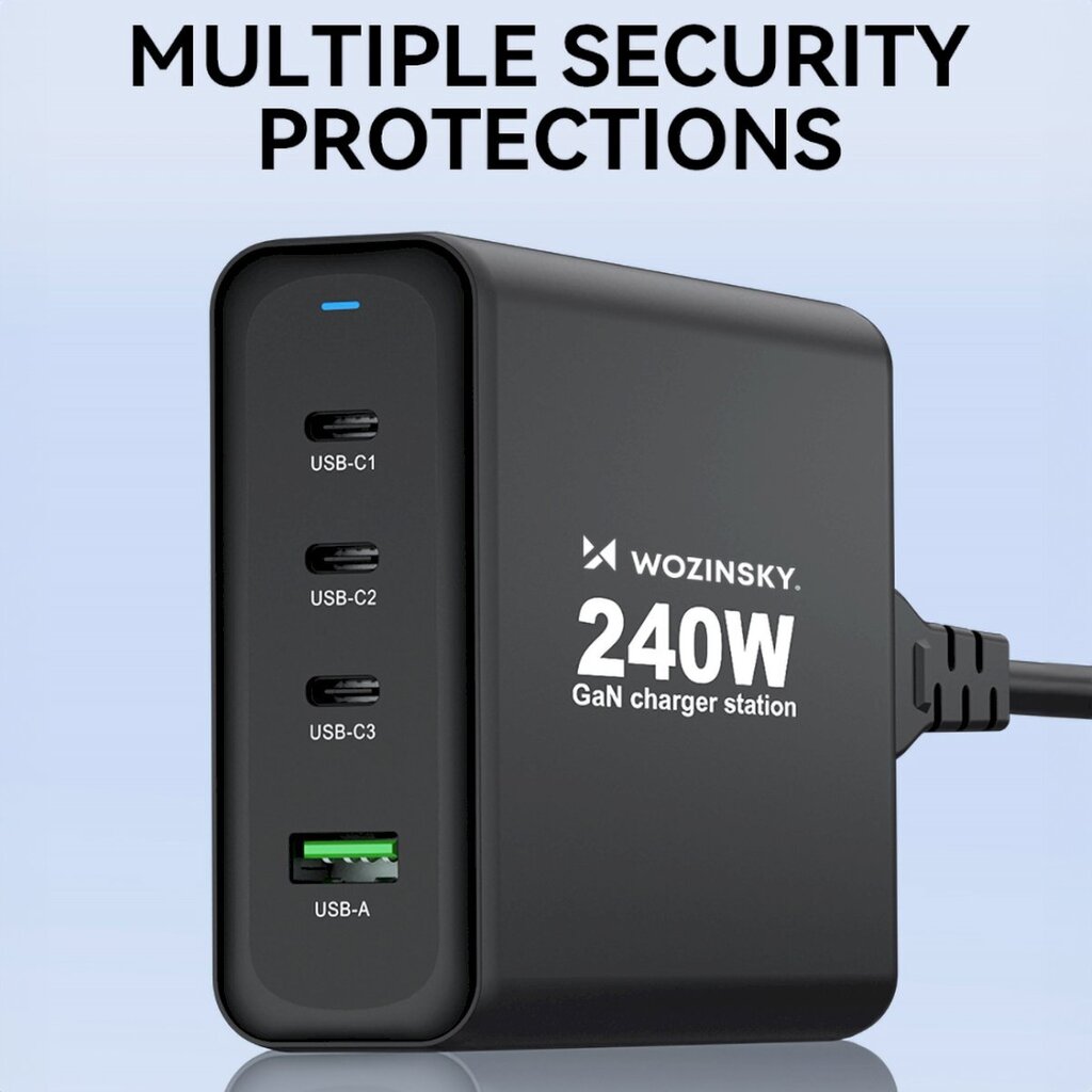 Võrgulaadija, Wozinsky WGCSB1, GaN, 240 W., USB-A, 3x USB-C, must hind ja info | Akupangad | kaup24.ee