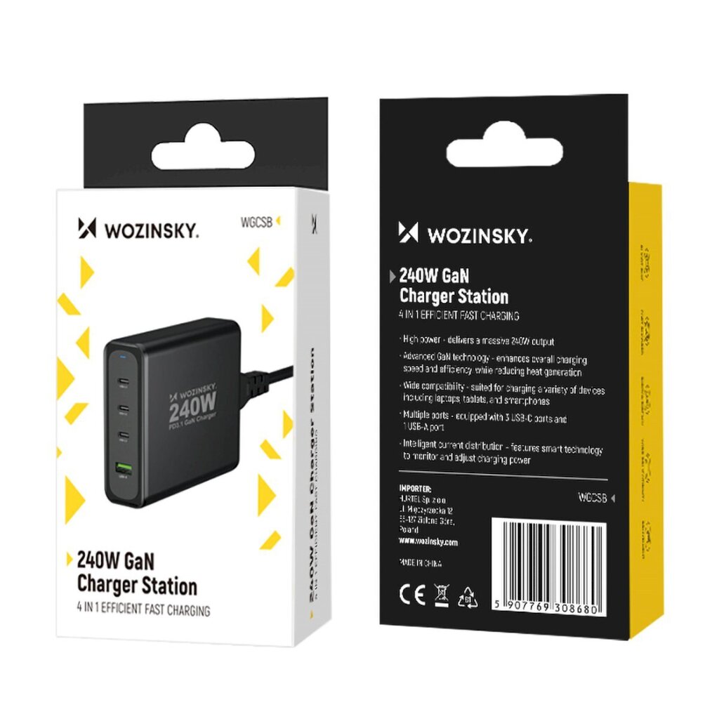 Võrgulaadija, Wozinsky WGCSB1, GaN, 240 W., USB-A, 3x USB-C, must hind ja info | Akupangad | kaup24.ee