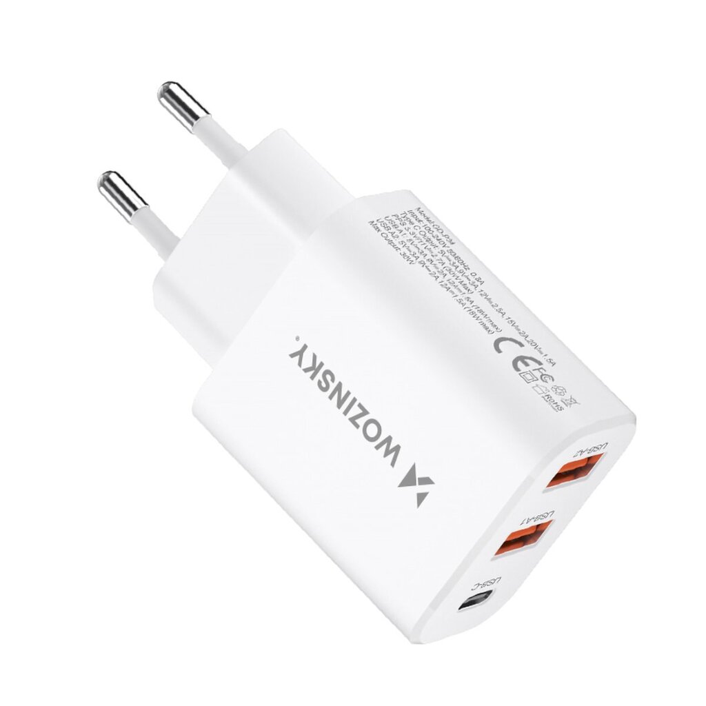 Võrgulaadija, Wozinsky CWCUCUCW1, 100-240 V, 30 W, USB-C, 2x USB-A, valge цена и информация | Akupangad | kaup24.ee