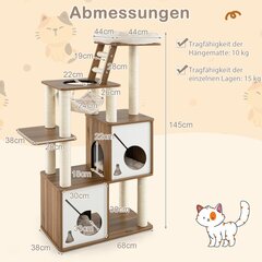 Costway 145 cm puidust kraapimispuu võrkkiige ja 2 kassi koopa ja redeliga kassipuu ronimispuuga цена и информация | Когтеточки | kaup24.ee