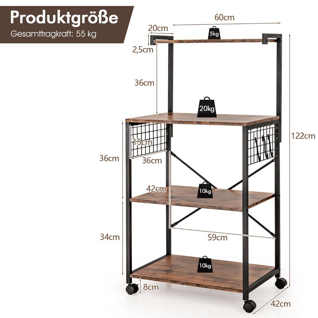 Costway tööstuslik köögiriiul 4 astmega hoiurest 60 x 42 x 122 cm pruun hind ja info | Köögikapid | kaup24.ee