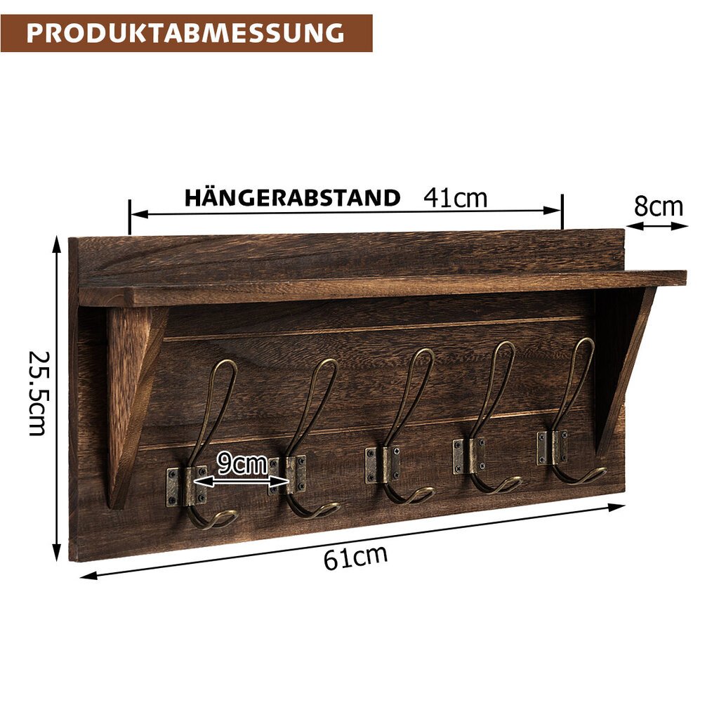 Costway seinariiul mantlikonksuga 5 konksu ja riiuliga riideriiul 61 x 8 x 25,5 cm pruun цена и информация | Videokaamerate kotid | kaup24.ee