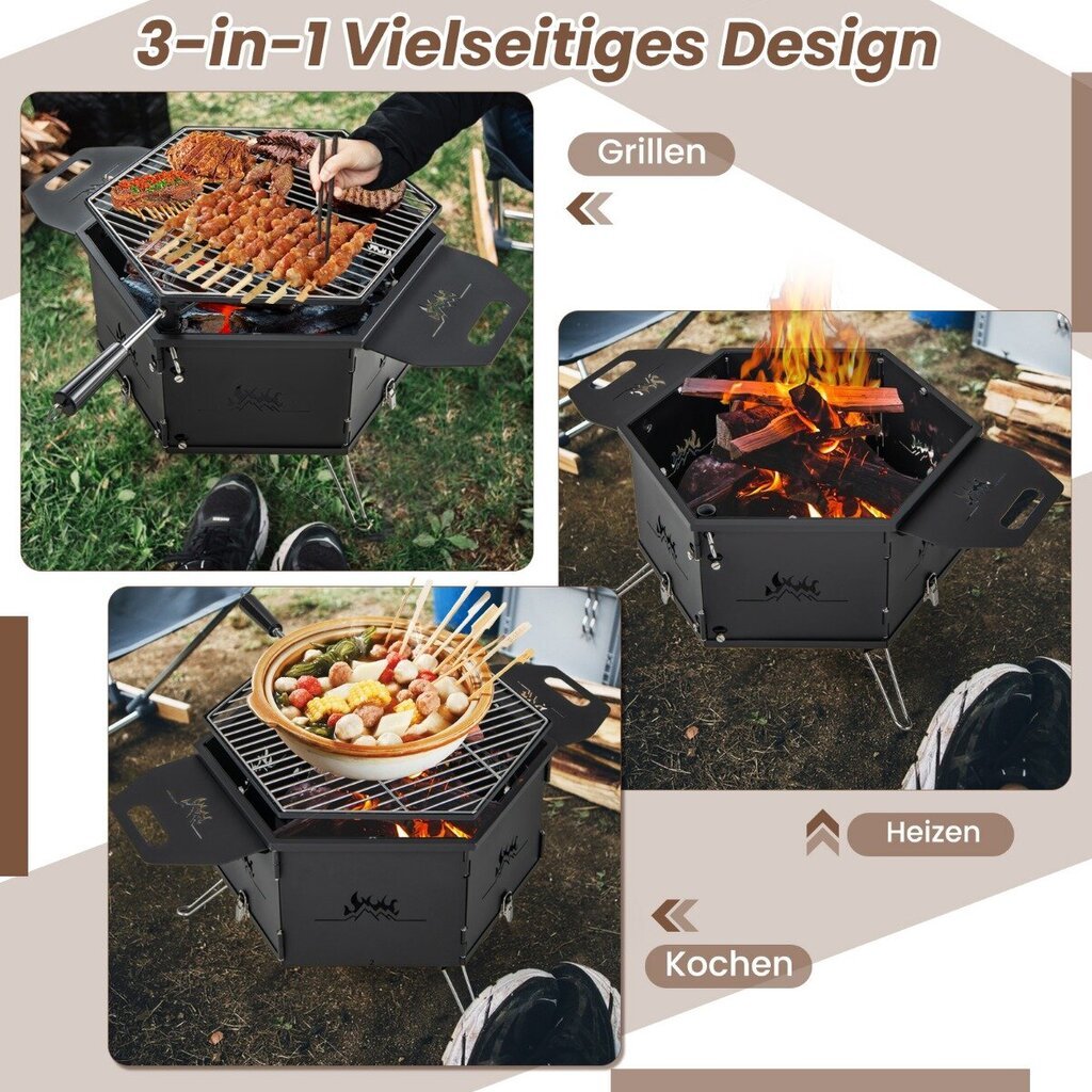 Costway söegrill 360° pöörleva grilliga kokkupandav grill käepidemetega matkagrill 77 x 74 x 38 cm цена и информация | Grillid | kaup24.ee