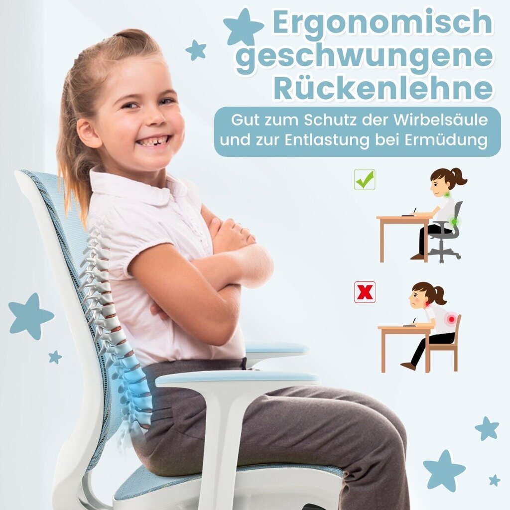 Costway reguleeritava kõrgusega istmepiduriga laste pöördtool, ergonoomiline lauatool, kontoritool, sinine цена и информация | Laste lauad ja toolid | kaup24.ee