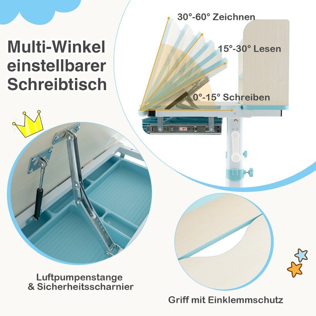 Costway reguleeritava kõrgusega kirjutuslaud kallutatava lauaplaadiga & amp; sahtel &amp; Riiul Laste õppelaud Sinine цена и информация | Laste lauad ja toolid | kaup24.ee