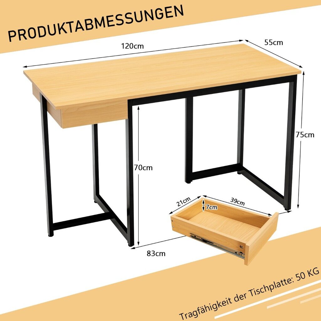 Costway 120 cm pikkune arvutilaud sahtli ja reguleeritavate alustega Arvutilaud Natural цена и информация | Arvutilauad, kirjutuslauad | kaup24.ee