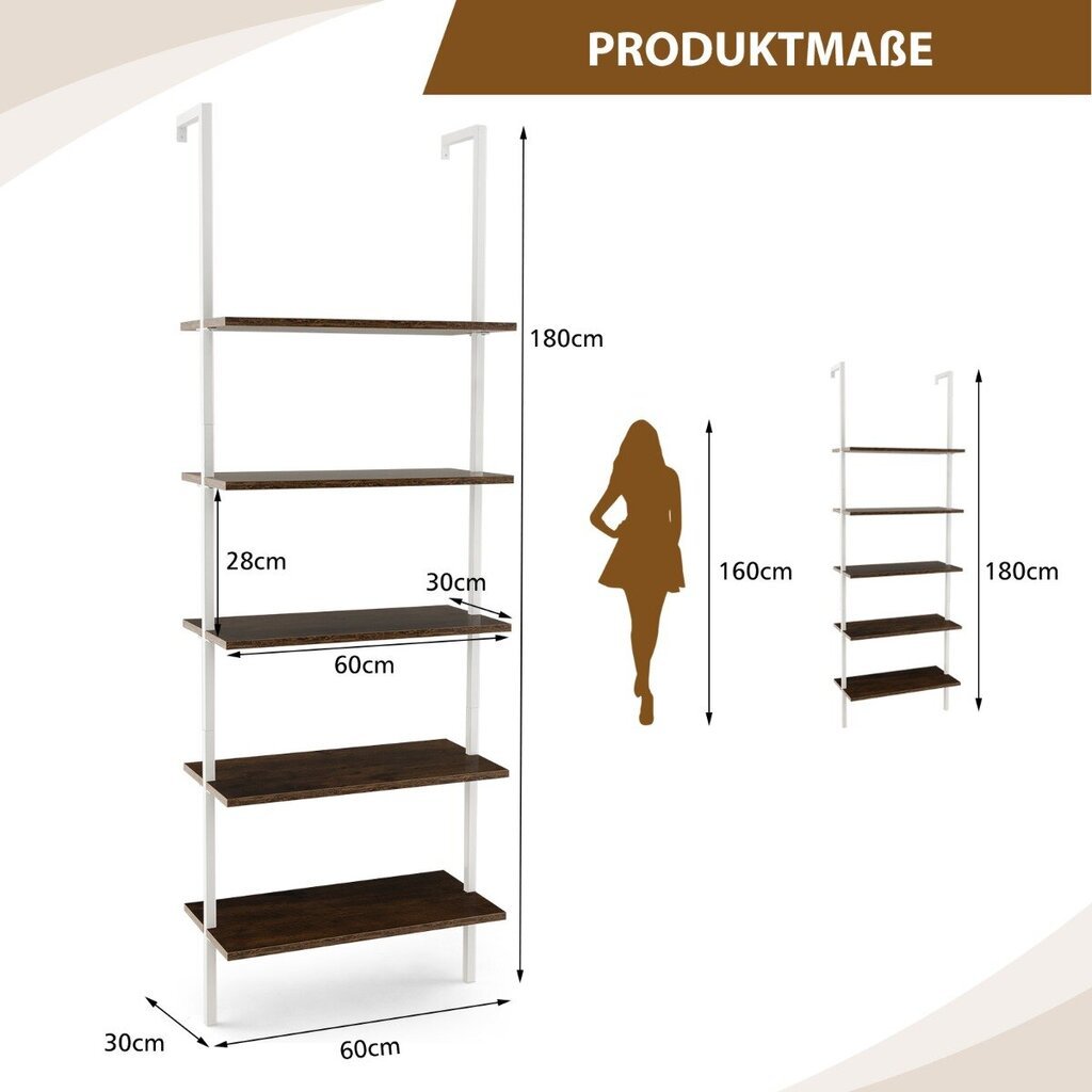 Costway 5 astmeline redeliga seinale kinnitatav 180 cm raamaturiiul metallraamiga pruun hind ja info | Riiulid | kaup24.ee