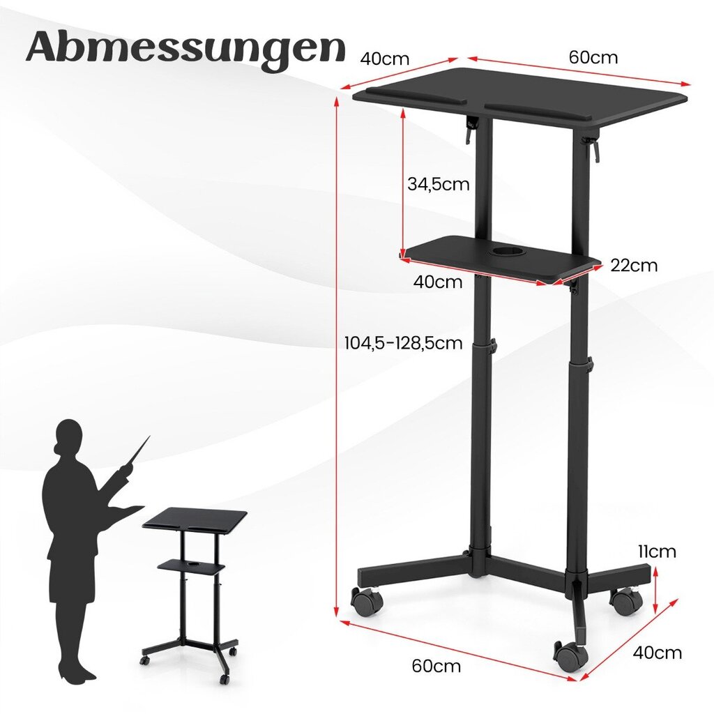 Costway mobiilne kõnepuldiga seisev kirjutuslaud, reguleeritava kõrgusega sülearvutikäru kallutatava musta lauaplaadiga цена и информация | Arvutilauad, kirjutuslauad | kaup24.ee