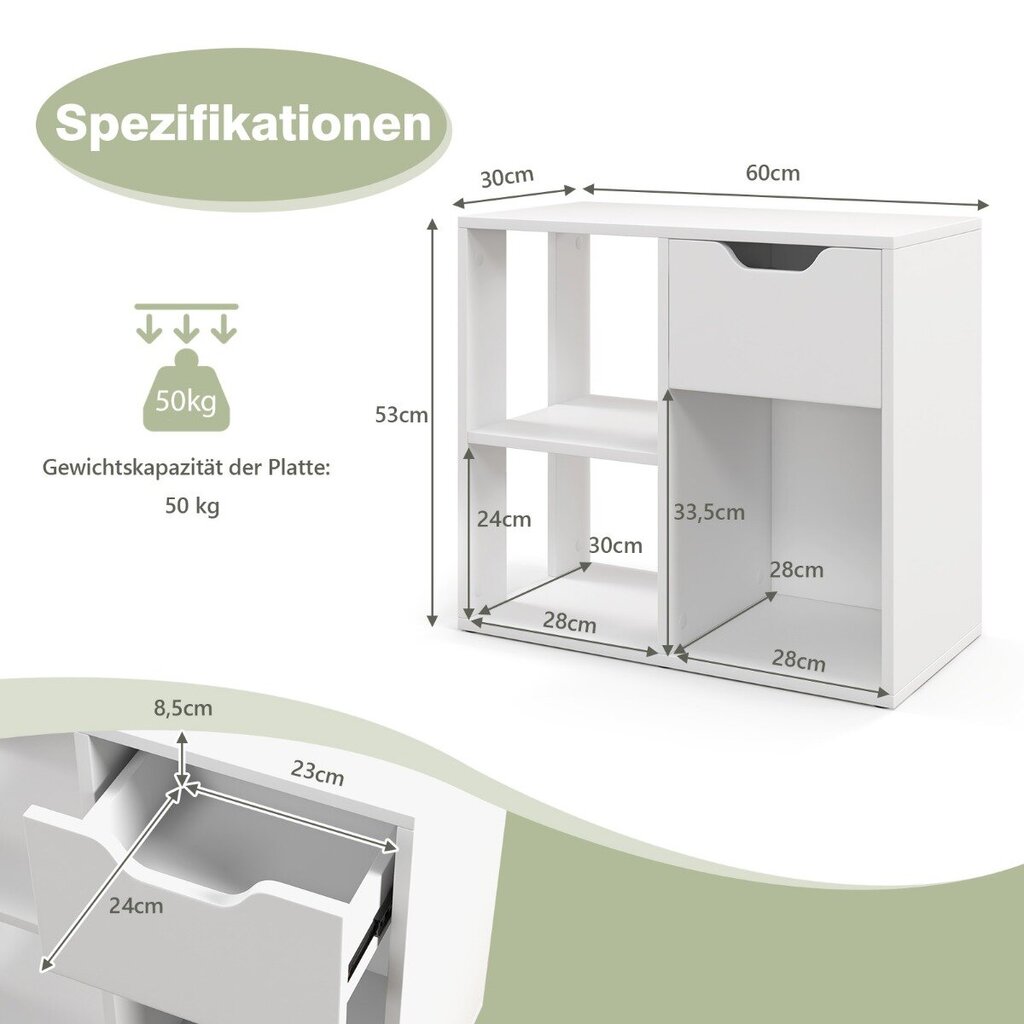 Costway raamaturiiul sahtli ja 3 sektsiooniga kontoririiul puidust valge 60 x 30 x 53 cm hind ja info | Riiulid | kaup24.ee