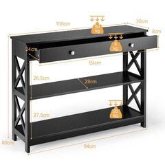 Costway 3-tasandiline sahtliga konsoollaud puidust esikulaud 100 x 30 x 80 cm must hind ja info | Konsoollauad | kaup24.ee