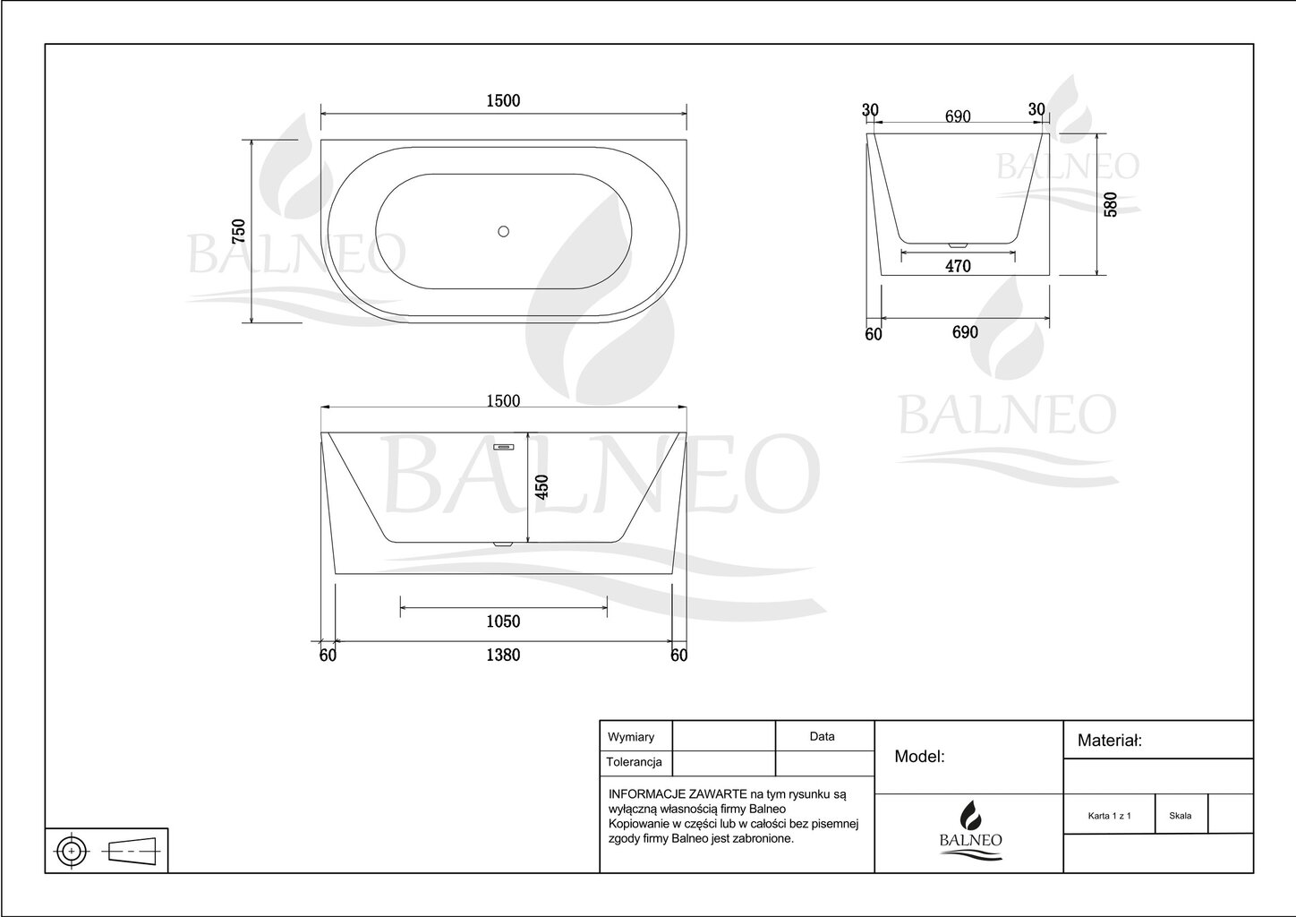 Vabalt seisev seinale paigaldatav vann VIVA WHITE 150x75 cm hind ja info | Vannid | kaup24.ee