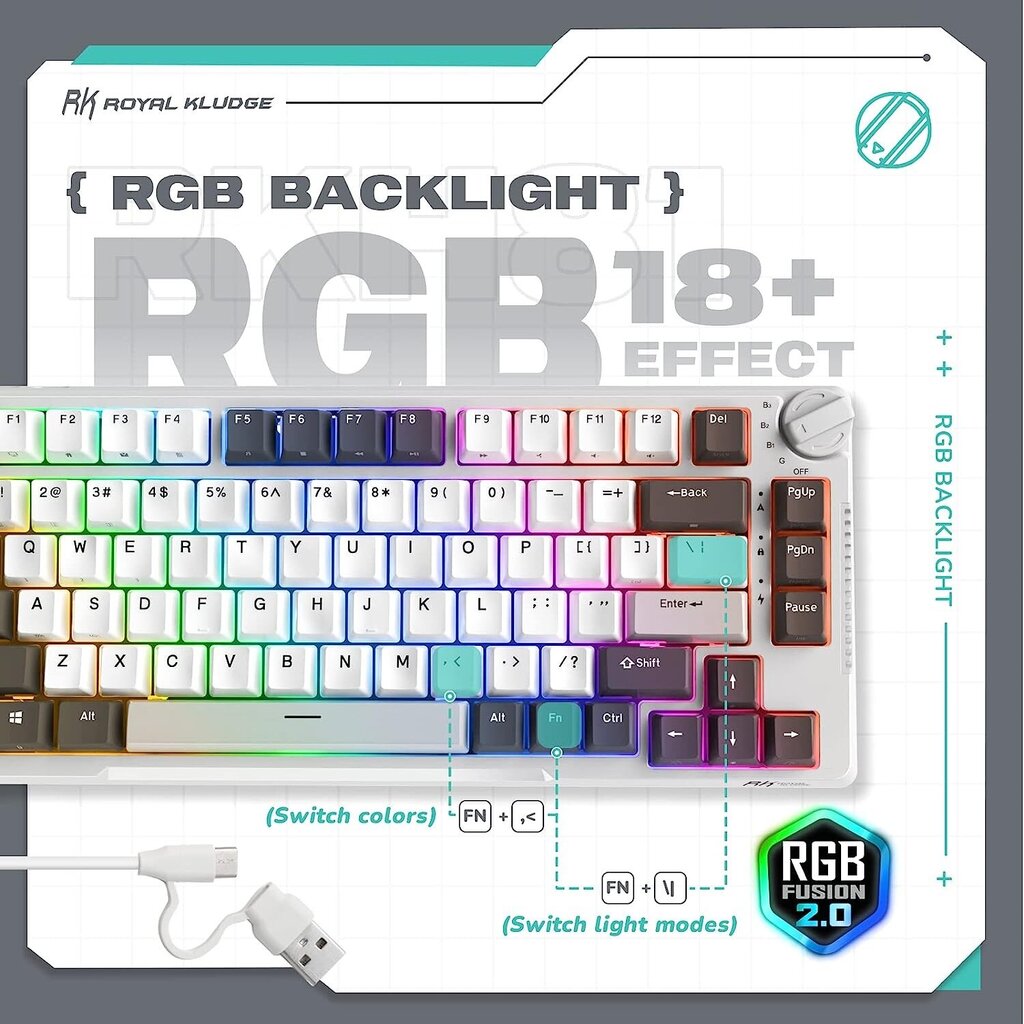 Royal Kludge RK H81 valge juhtmeta mehaaniline klaviatuur | 75%, Hot-swap, RGB, Blue Switches, US цена и информация | Klaviatuurid | kaup24.ee