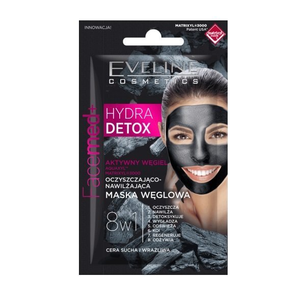 Puhastav näomask aktiivsöega Eveline Cosmetics Facemed+ Hydra Detox 8in1 7 ml цена и информация | Näomaskid, silmamaskid | kaup24.ee