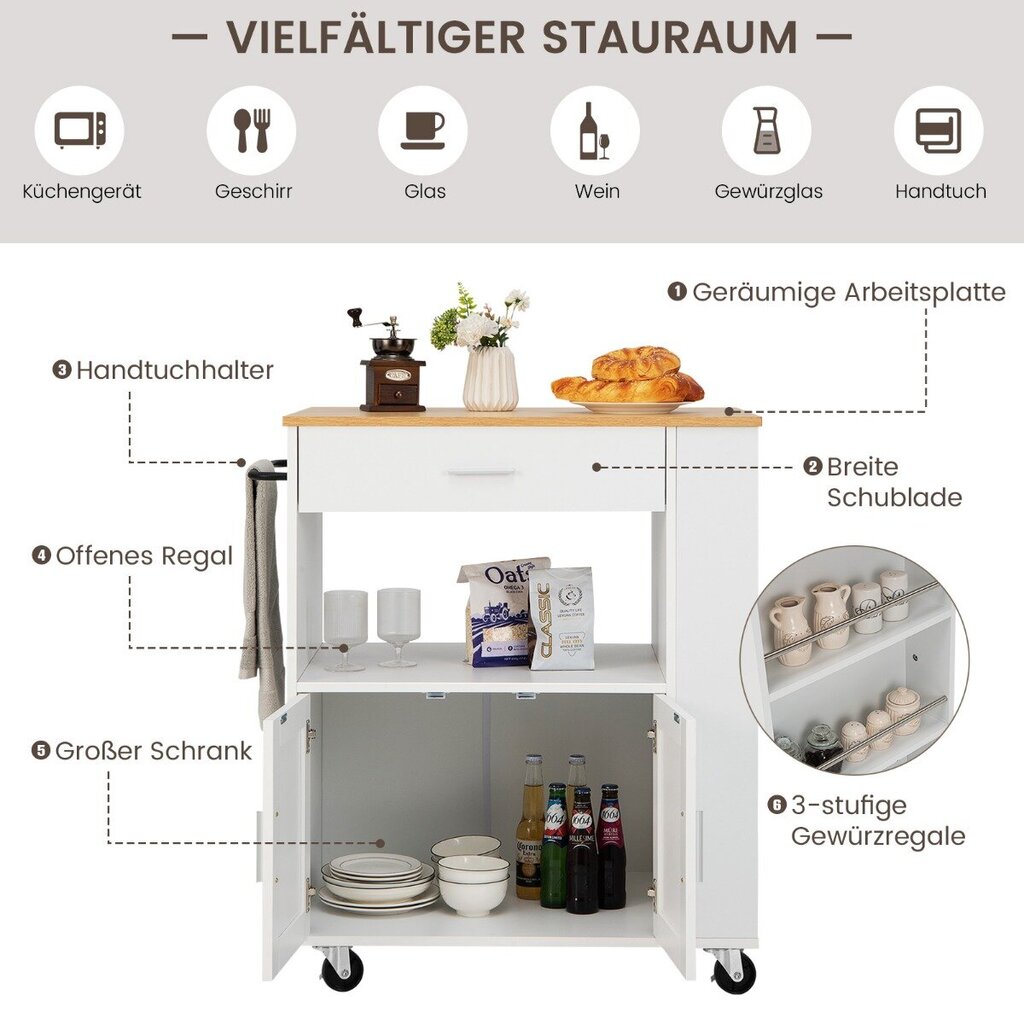 Costway köögikäru rullitav serveerimiskäru 3 maitseaineriiuliga 75 x 46 x 92 cm valge цена и информация | Köögikapid | kaup24.ee