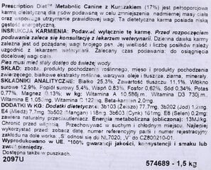 Hill's Prescription Diet Canine Metabolic kanaga, 1,5 kg hind ja info | Kuivtoit koertele | kaup24.ee