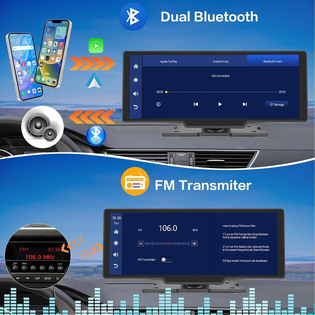 Farrot Car Multimedia Player 10, 26" puutetundlik ekraan, Mirrorlink, Android Auto, GPS, RGB, mikrofon, ojachevalec, CarPlay, DAB+, topelt Bluetooth, TF, topeltkaamera kahes seades hind ja info | Autoraadiod, multimeedia | kaup24.ee