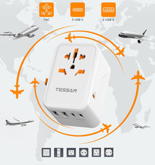 Туристический адаптер TESSAN 636DV 65 Вт, 2 USB, 3 USB C, белый цена и информация | Кабели и провода | kaup24.ee