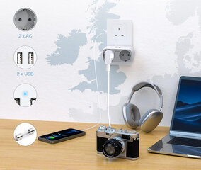 TESSAN TS-321-UK pistikupesa adapter, 4-in-1 UK pistik, 2 pesa ja 2 USB-ühendust hind ja info | Kaablid ja juhtmed | kaup24.ee