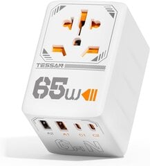 Туристический адаптер TESSAN 65 Вт с USB C, 2 USB C/USB A, США/Великобритания/ЕС/Австралия, б/у цена и информация | Кабели и провода | kaup24.ee