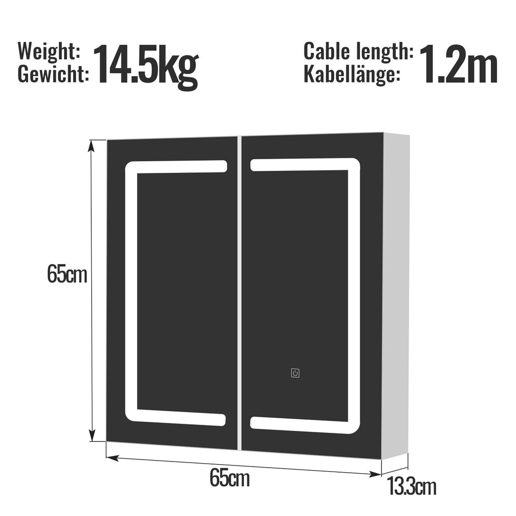 **Vannas istabas peegelkapp valgustusega - 65x65 cm, 2 ust, LED, pistikupesa, puutejuhtimisseade - seinale kinnitatav vannitoa peegelkapp.** цена и информация | Peeglid | kaup24.ee