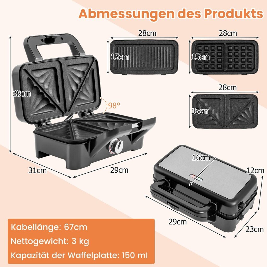 Costway kolm-ühes võileivaküpsetaja elektriline panini pressgrill eemaldatavate mittenakkuvate plaatidega hind ja info | Muu köögitehnika | kaup24.ee