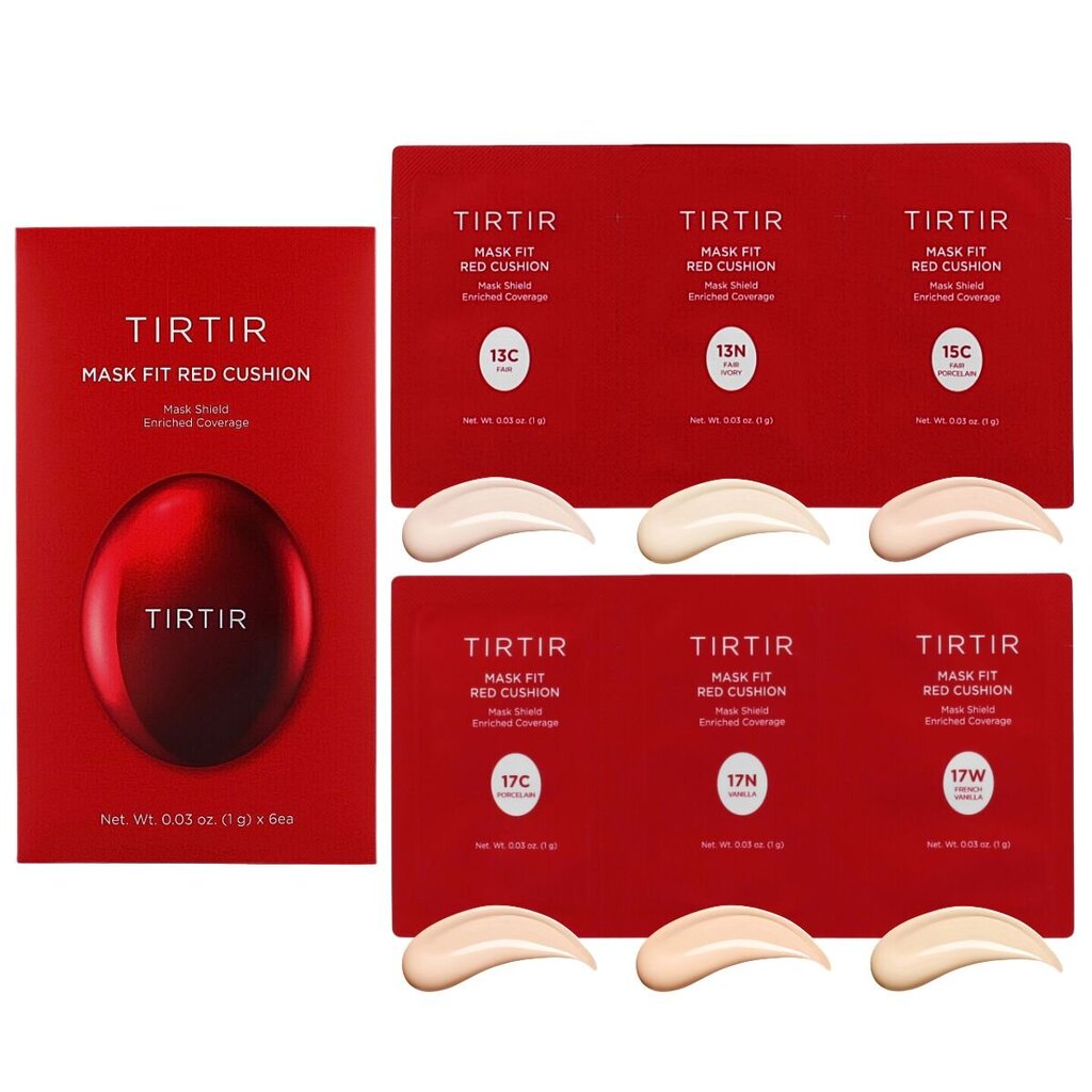 TIRTIR Mask Fit Red Cushion 6 Shade Trial Kit (13C, 13N, 15C, 17C, 17N, 17W) - näidiskomplekt, mis sisaldab 6 tooni цена и информация | Jumestuskreemid, puudrid | kaup24.ee