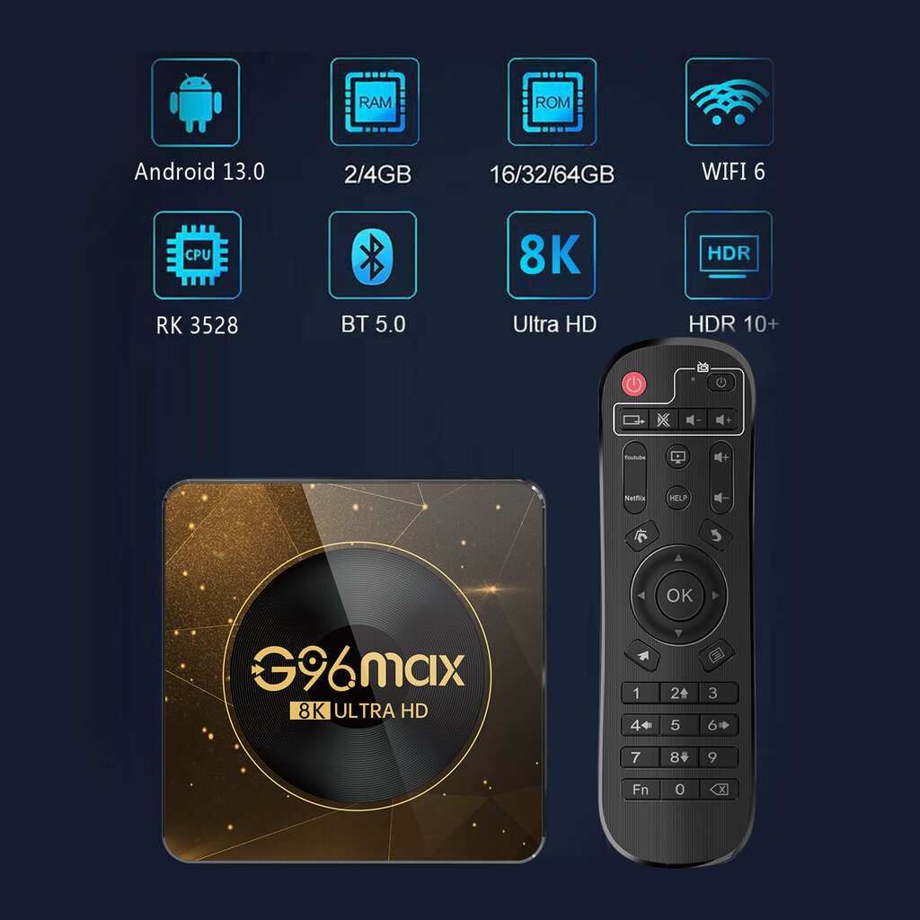 Farrot Smart TV Box G96 Max HD Android 13.0 digitaalse maapealse dekoodriga teleri vastuvõtja digiboks RK3528 neljatuumaline protsessor 2-16G meediapleieri tugi USB 3.0/3D/4K/8K + I8 juhtmevaba miniklaviatuuriga hind ja info | Meediamängijad ja tarvikud | kaup24.ee