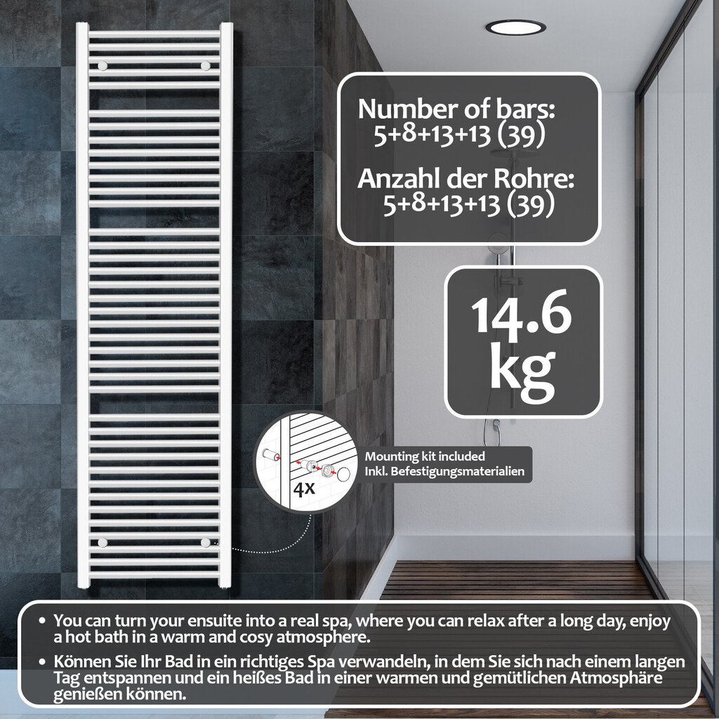 Rätikukuivati - keskküttesüsteemile, 1800x600 mm, sirge, lame, külgühendusega, valge - soojendatav vannitoa rätikukuivati, radiaator. цена и информация | Vannitoa radiaatorid ja käterätikuivatid | kaup24.ee