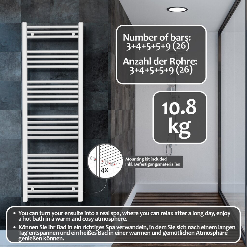 Rätikukuivati - keskküttesüsteemile, 1600x600 mm, sirge, lame, külgühendusega, valge - soojendatav vannitoa rätikukuivati, radiaator, ''HB''. hind ja info | Vannitoa radiaatorid ja käterätikuivatid | kaup24.ee