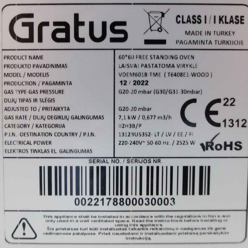 Gratus VDEM6018-TME hind ja info | Gaasipliidid | kaup24.ee