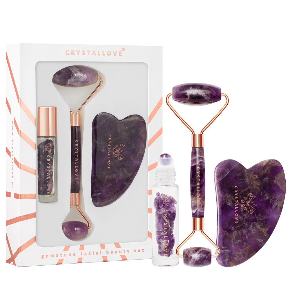 CRYSTALLOVE Amethyst ilukomplekt : näorull + gua sha plaat + roll-on pudel hind ja info | Näopuhastus- ja massaažiseadmed | kaup24.ee