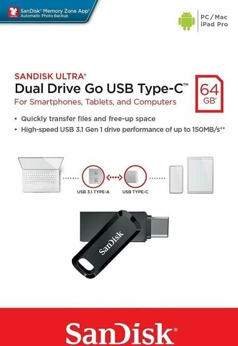 MEMORY DRIVE FLASH USB-C 64GB/SDDDC3-064G-G46 SANDISK hind ja info | Mälupulgad | kaup24.ee