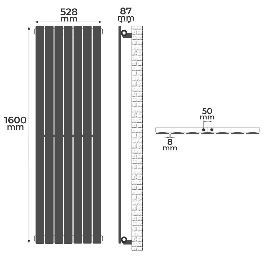 Vertikaalne radiaator – Üks lame paneel 7 kolonniga, kaasaegne disain, 1600x528x52, teras, valge – keskküte vannituppa, kööki, koridori, elutuppa, magamistuppa, ''HB''. цена и информация | Keskkütteradiaatorid, konvektorid | kaup24.ee