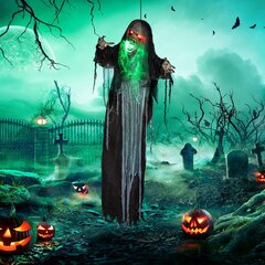 HOMCOM 183cm Halloweeni kaunistus rippuv koletis roheliste LED-tuledega, heli funktsiooniga, reguleeritavate käsivarrega esiukse kaunistus, elusuuruses aiakaunistusfiguur peo jaoks hind ja info | Peokaunistused | kaup24.ee