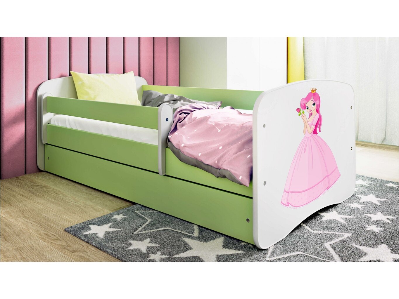 Lastevoodi madratsiga/sahtliga Kocot Kids BabyDreams Green princess, roheline/valge цена и информация | Lastevoodid | kaup24.ee