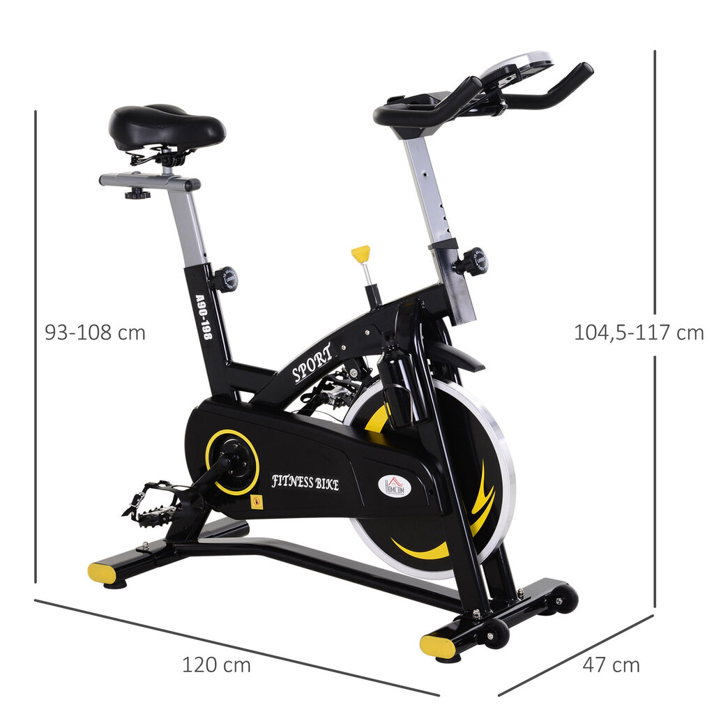 HOMCOM Treeningjalgratas Flywheel sujuvalt reguleeritava vastupanuga 10kg Fitness bike jalgrattatreener Reguleeritava kõrgusega teras must, 120x47x104.5-117 cm, 120x47x104.5-117 cm цена и информация | Velotrenažöörid | kaup24.ee