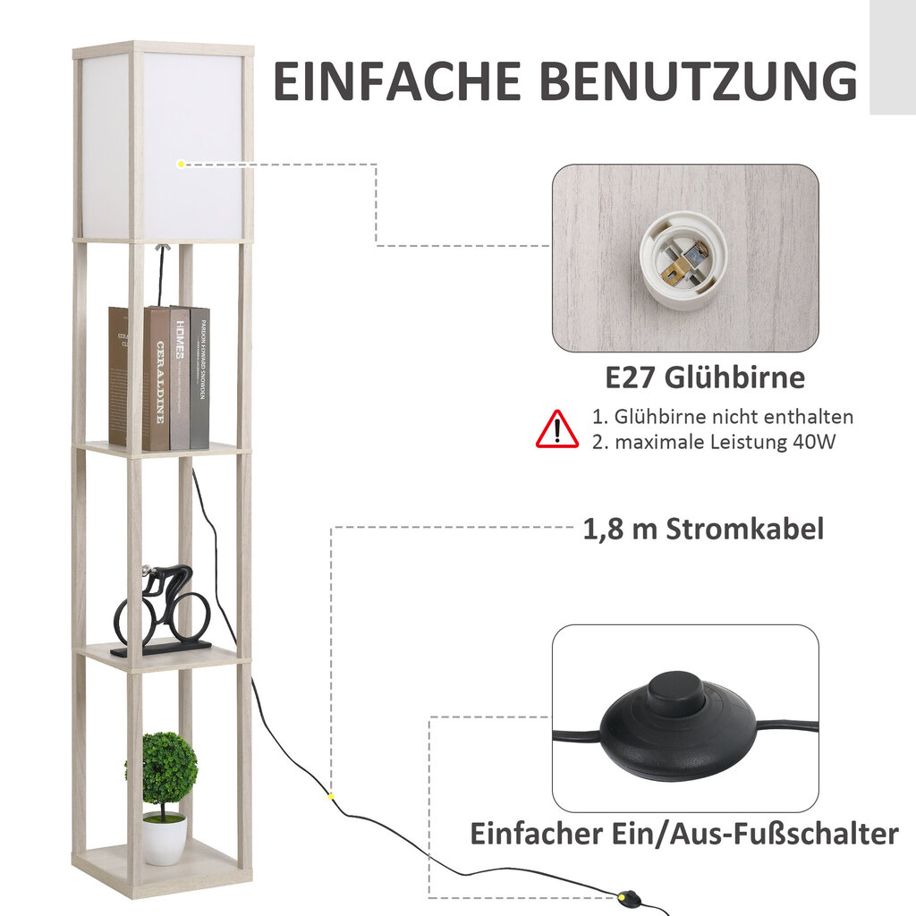 HOMCOM Põrandavalgusti 3 riiuliga Põrandavalgusti, sisevalgustus, E27, kuni 40W, E1-MDF, akrüül, tamm+valge, 26x26x160 cm цена и информация | Rippvalgustid | kaup24.ee