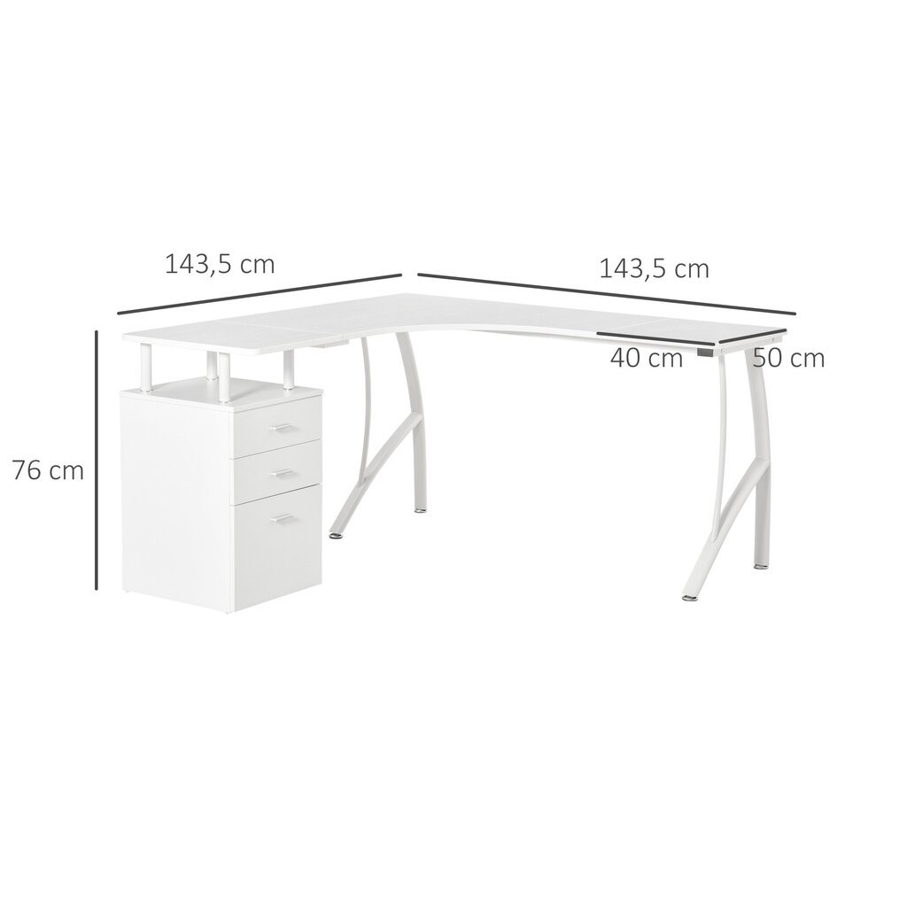 HOMCOM L-kujuline kirjutuslaud sahtlitega, MDF-metallist, kodukontori nurgas, tööstuslikus stiilis, valge, 143.5x143.5x76cm hind ja info | Arvutilauad, kirjutuslauad | kaup24.ee