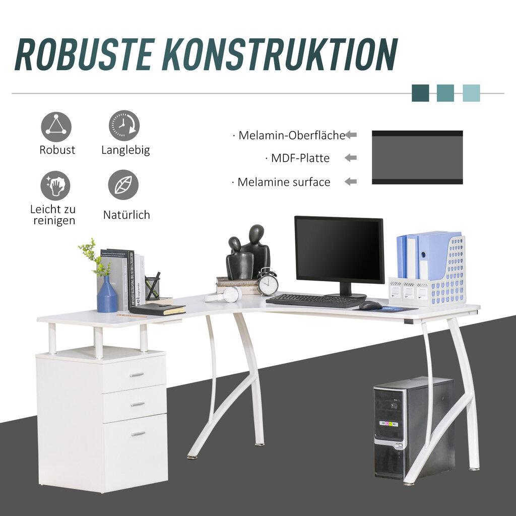 HOMCOM L-kujuline kirjutuslaud sahtlitega, MDF-metallist, kodukontori nurgas, tööstuslikus stiilis, valge, 143.5x143.5x76cm hind ja info | Arvutilauad, kirjutuslauad | kaup24.ee