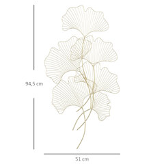 HOMCOM seinakaunistus metallist 3D kaasaegne ginkgo lehed seinapilt, seinakinnitus magamistuppa ja söögituppa, kuldne, 51x3.5x94.5cm hind ja info | Peeglid | kaup24.ee