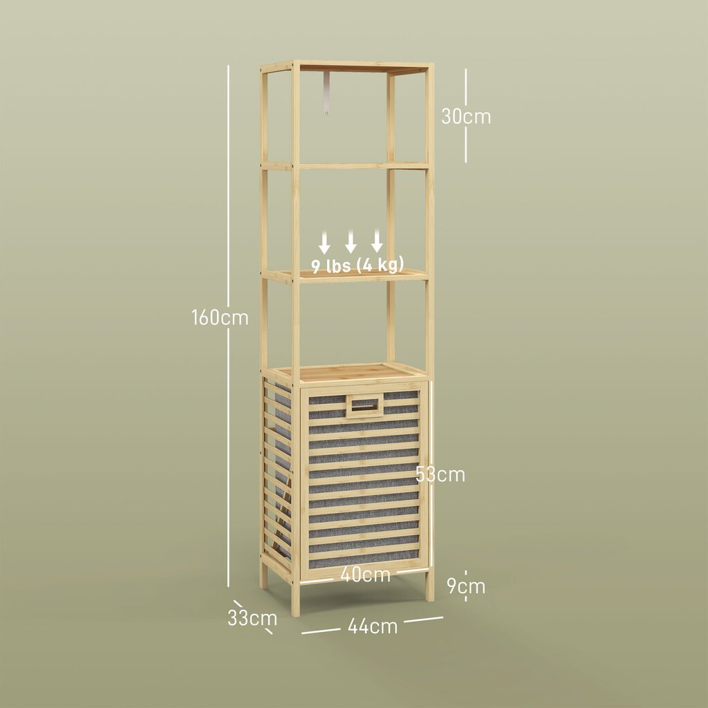 HOMCOM Vannitoa riiul pesukorviga, vannitoa riiul 3 tasandiga, väljatõmmatav riidest korv, kallutusvastane vannitoakapp elutuppa, vannituppa, bambus, 44 x 33 x 160 cm hind ja info | Vannitoakapid | kaup24.ee